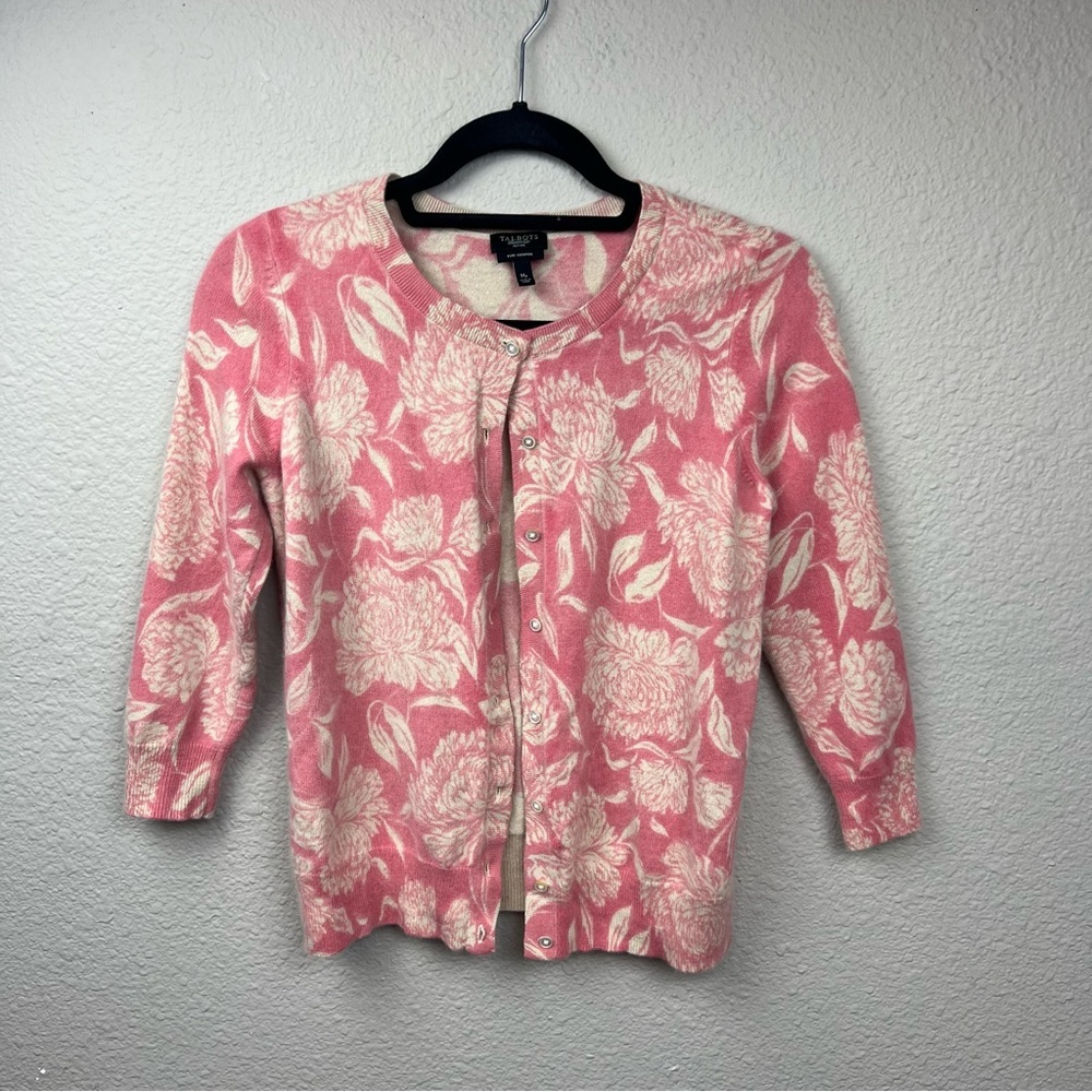 Talbots Pure Cashmere Floral Cardigan in Pink and Creme Sz M Petite